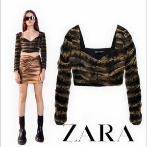 ZARA CORSETRY TULLE LONG SLEEVE CROP TOP Size XS, Brown Black